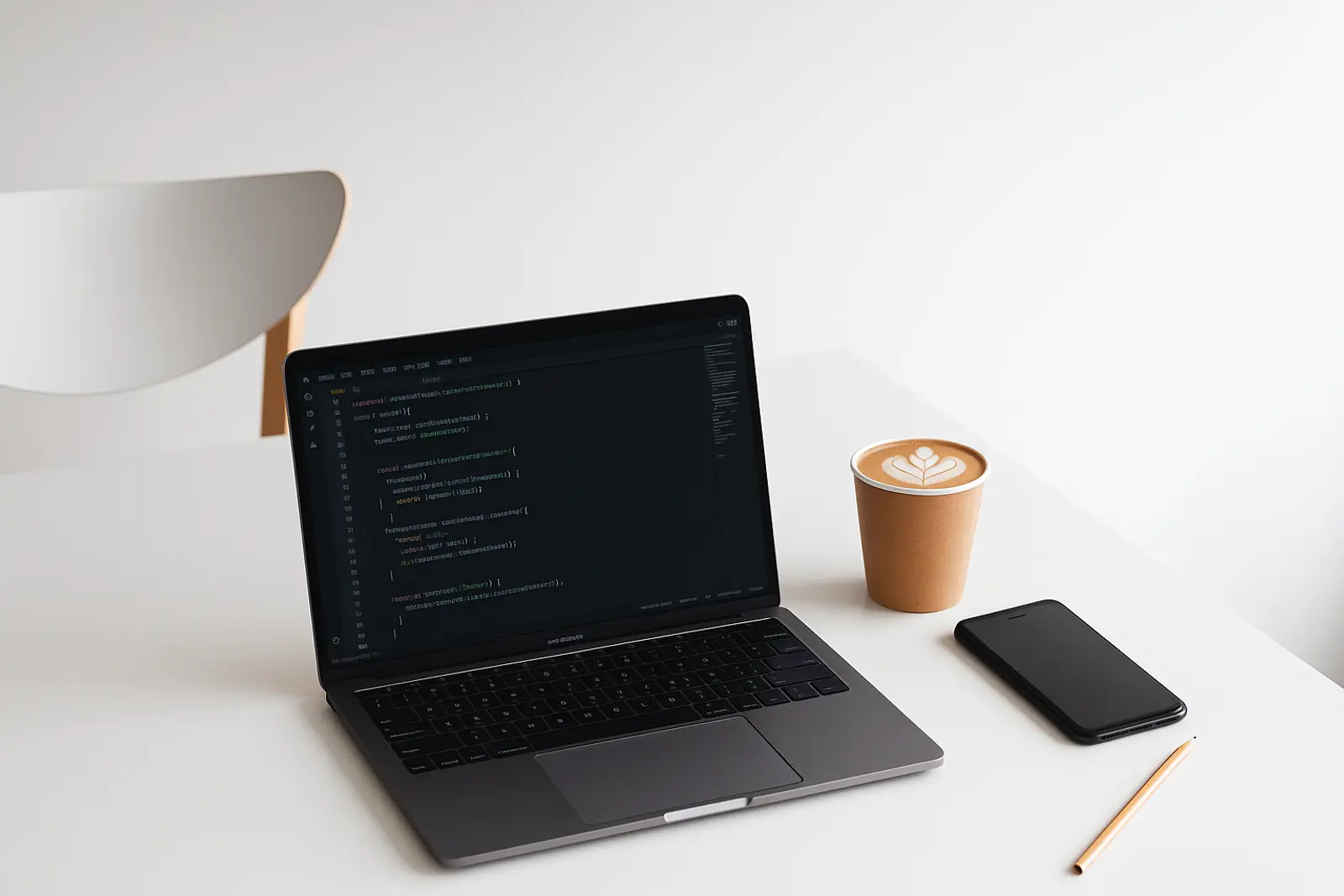 Työpöytä, kannettava ja latte – moderni työympäristö